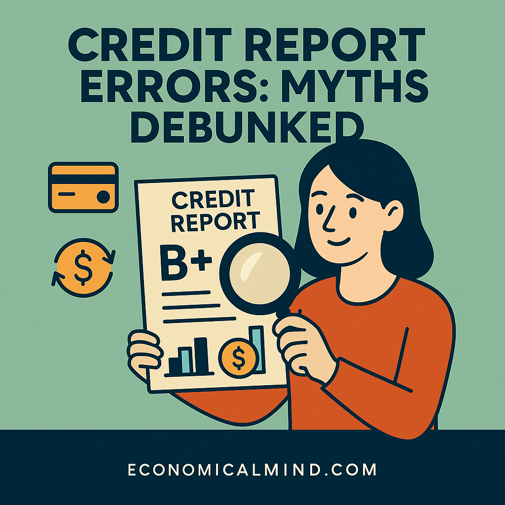 Flat illustration of a person reviewing a credit report with magnifying glass and financial icons.