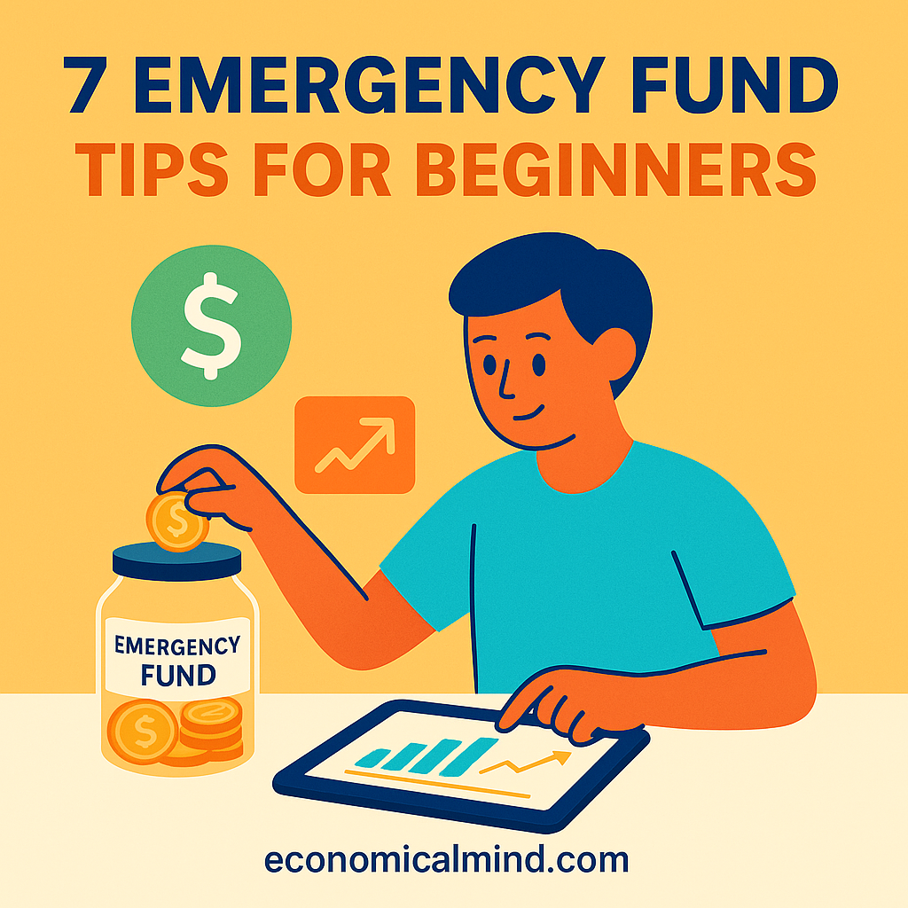 Person saving money into a jar labeled “Emergency Fund” while tracking progress on a tablet.