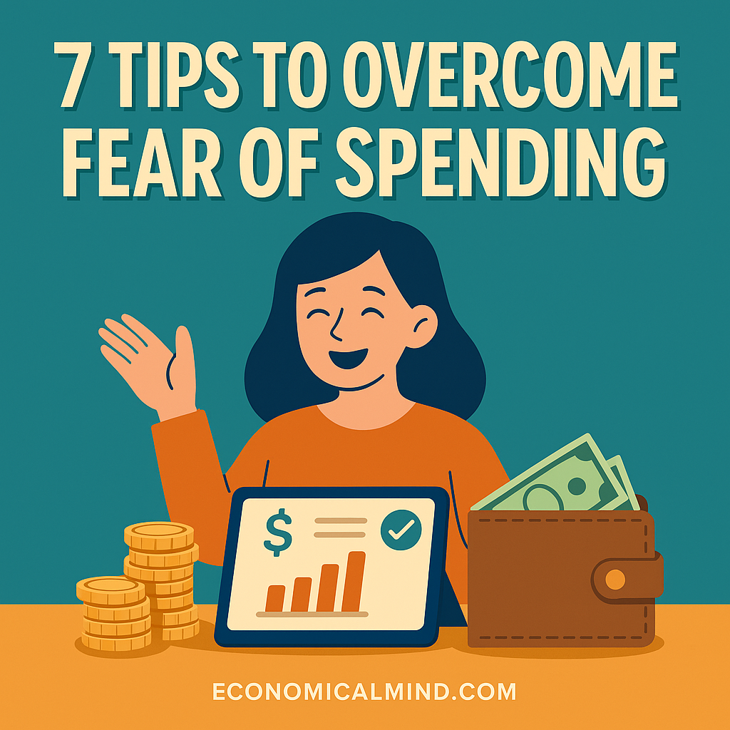 Person feeling relief while managing money and making mindful spending decisions on a tablet.