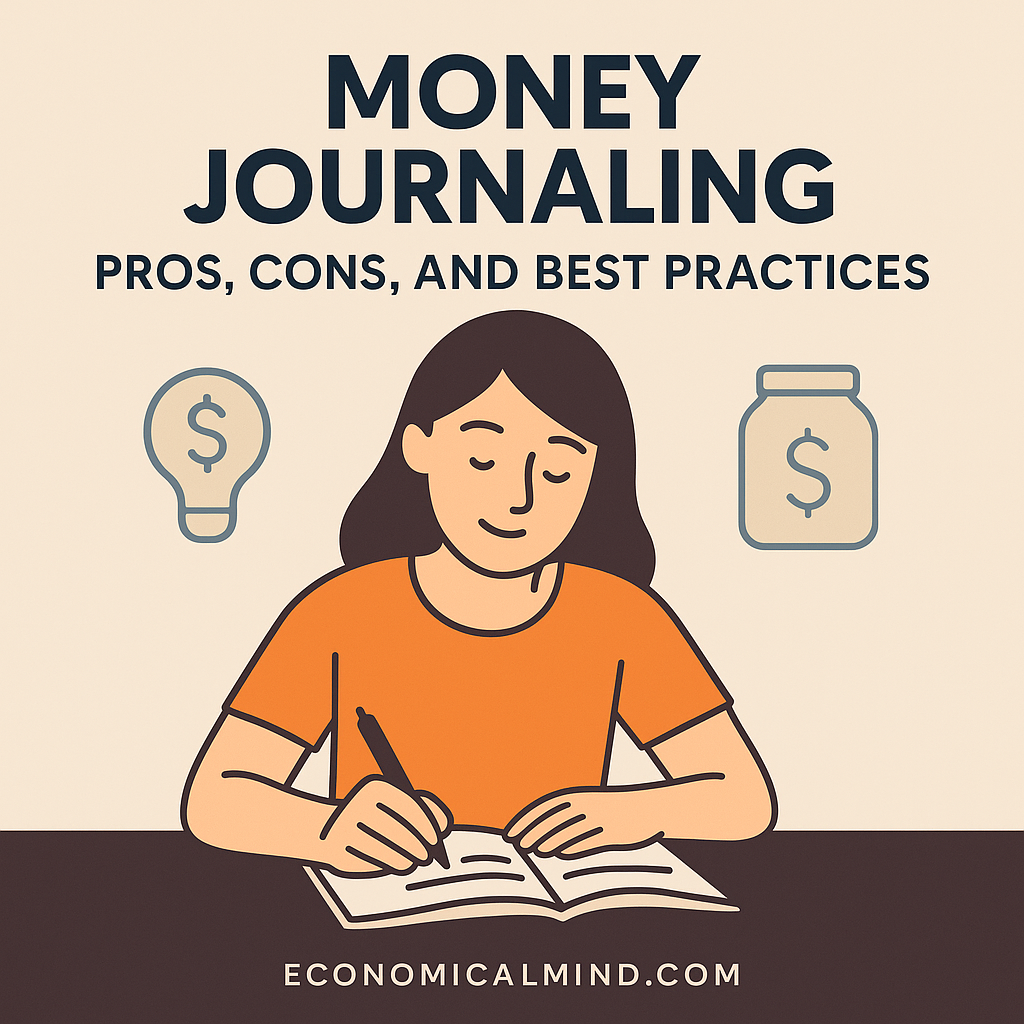 Illustration of a person writing in a money journal with savings icons and calm tones, representing mindful financial reflection.