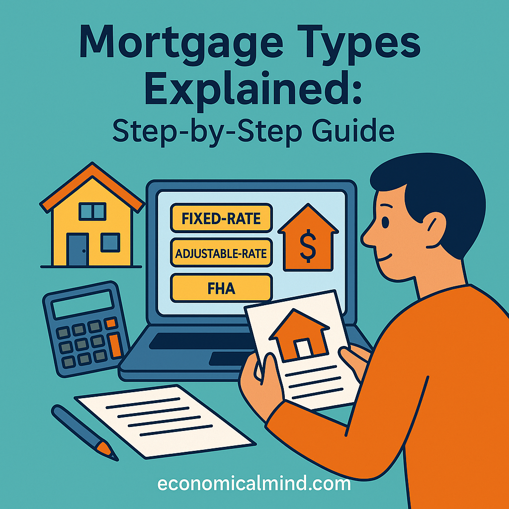 Homebuyer comparing different mortgage types on a laptop with house documents and calculator.