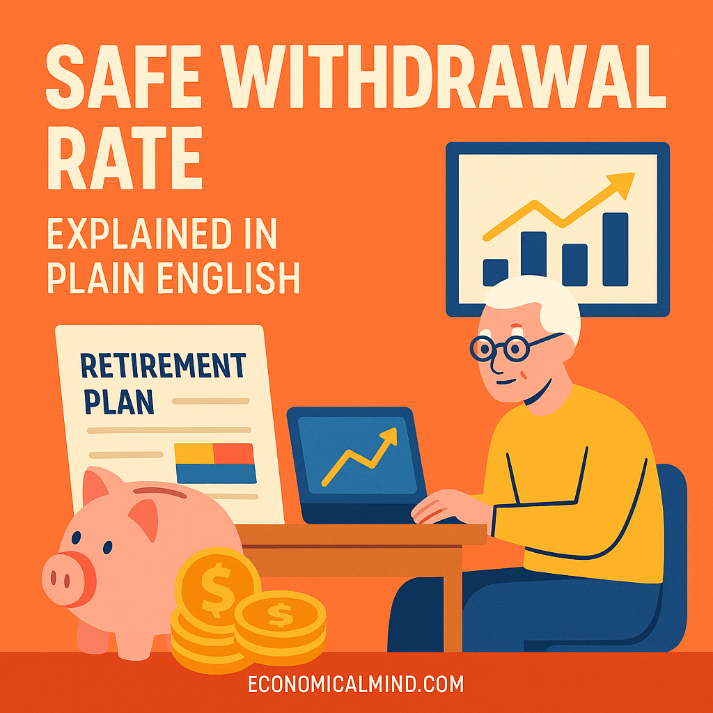 Retiree reviewing safe withdrawal rate charts on a laptop with savings and retirement plan documents.
