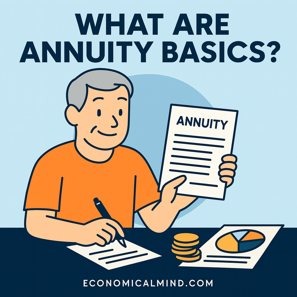 Flat illustration of a person reviewing annuity documents with a pie chart and coins beside them, text reads “What Are Annuity Basics?”