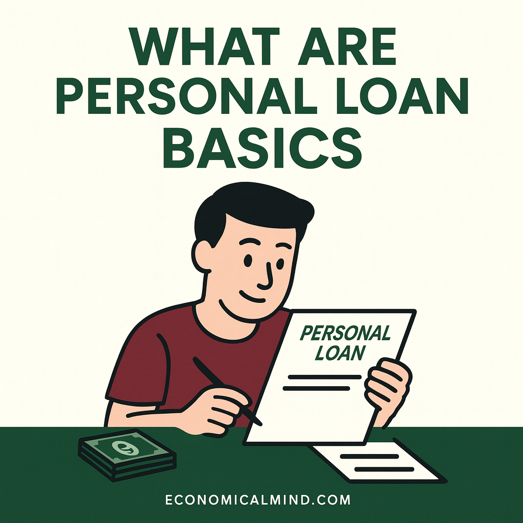 Flat illustration of a person reviewing personal loan documents with text “What Are Personal Loan Basics?”