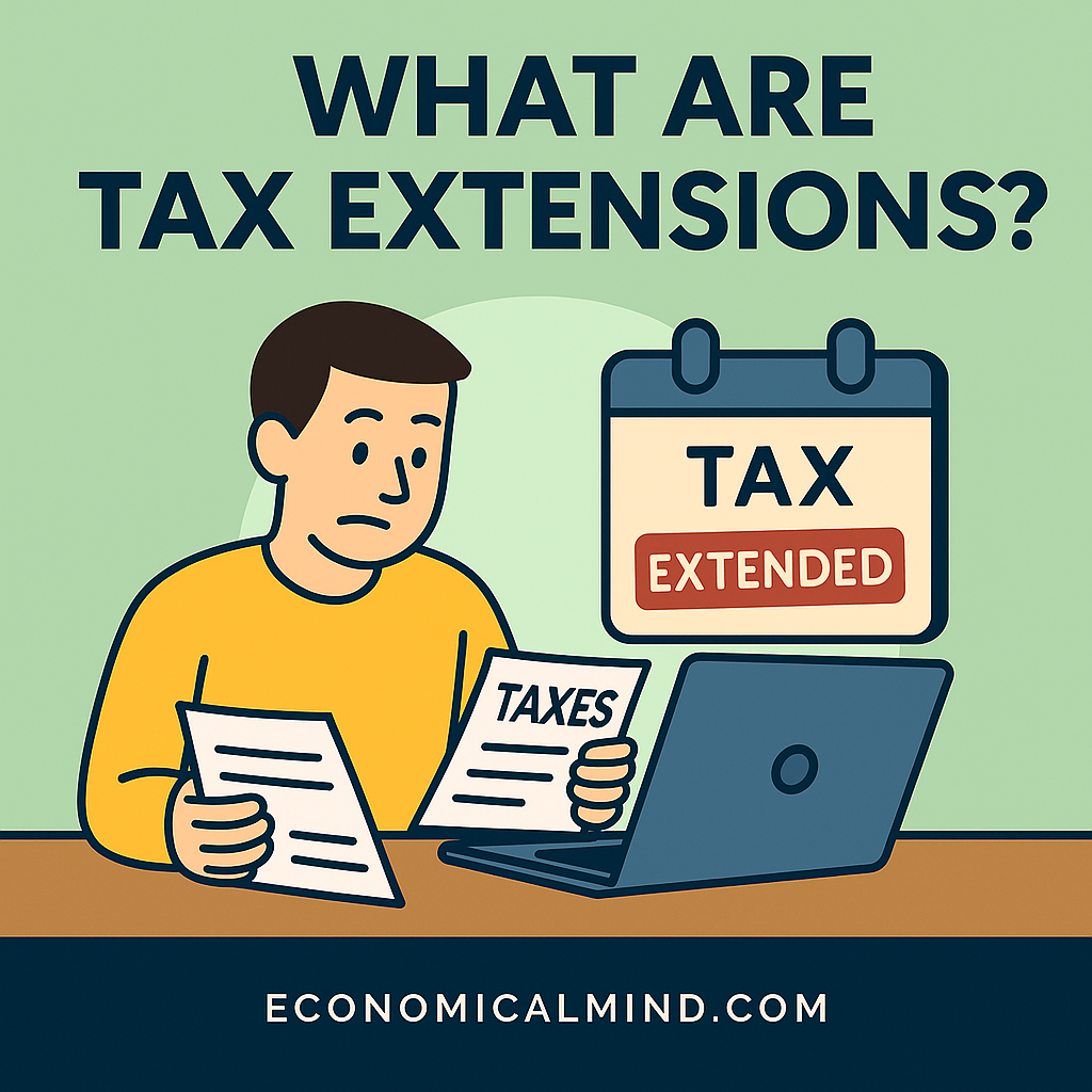 Flat illustration of a person reviewing tax forms on a laptop with a calendar marked “Tax Extended,” text reads “What Are Tax Extensions?”