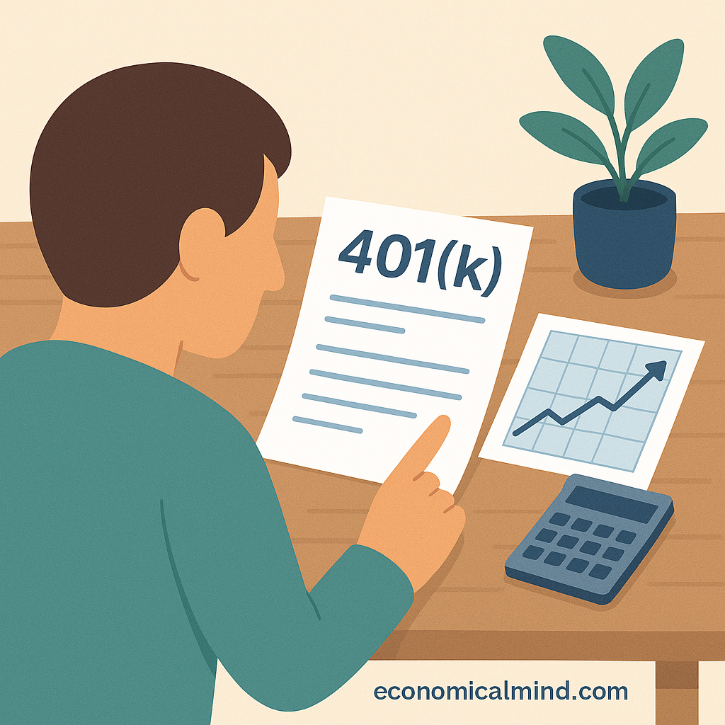 Person reviewing 401(k) plan statement and growth chart on desk.