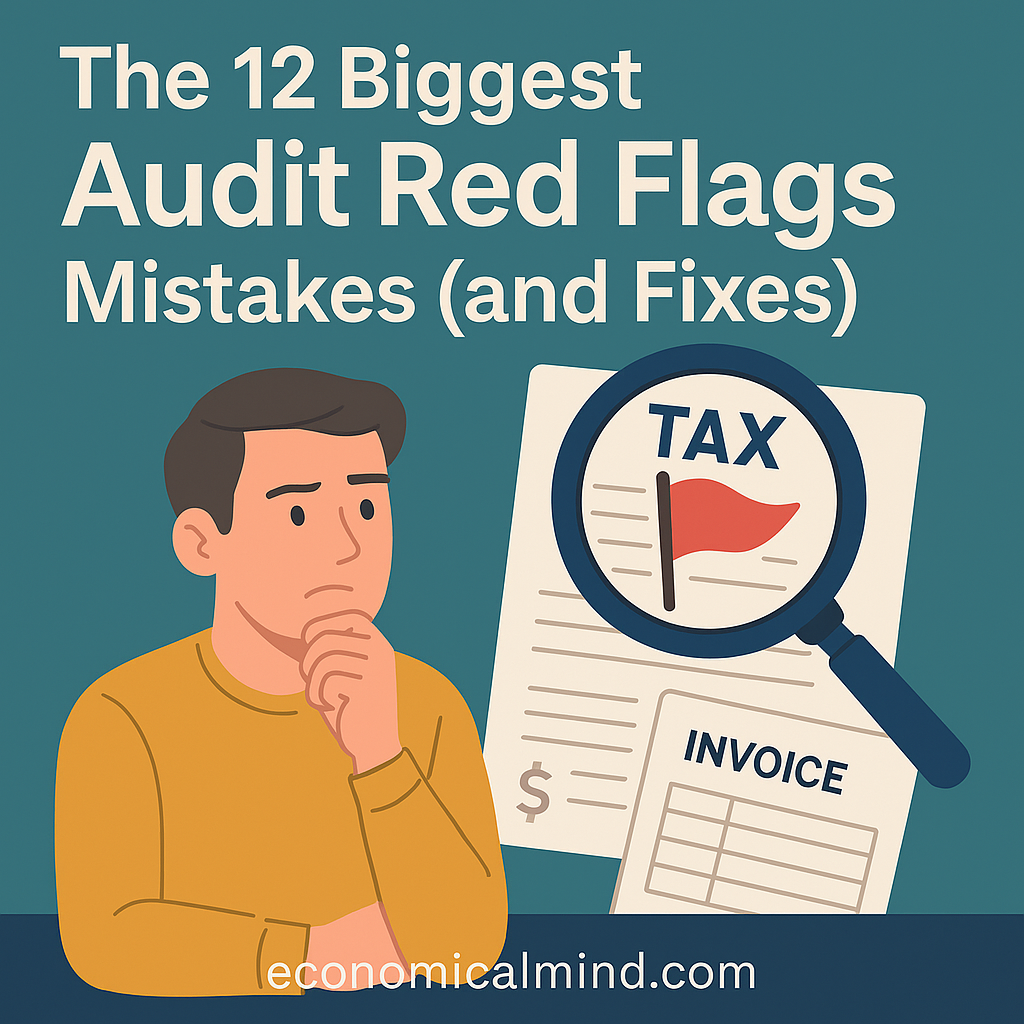 Illustration of a person reviewing tax documents under a magnifying glass, symbolizing IRS audit review.