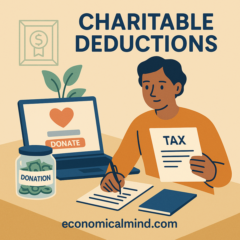 Person reviewing tax documents while making charitable donation online.