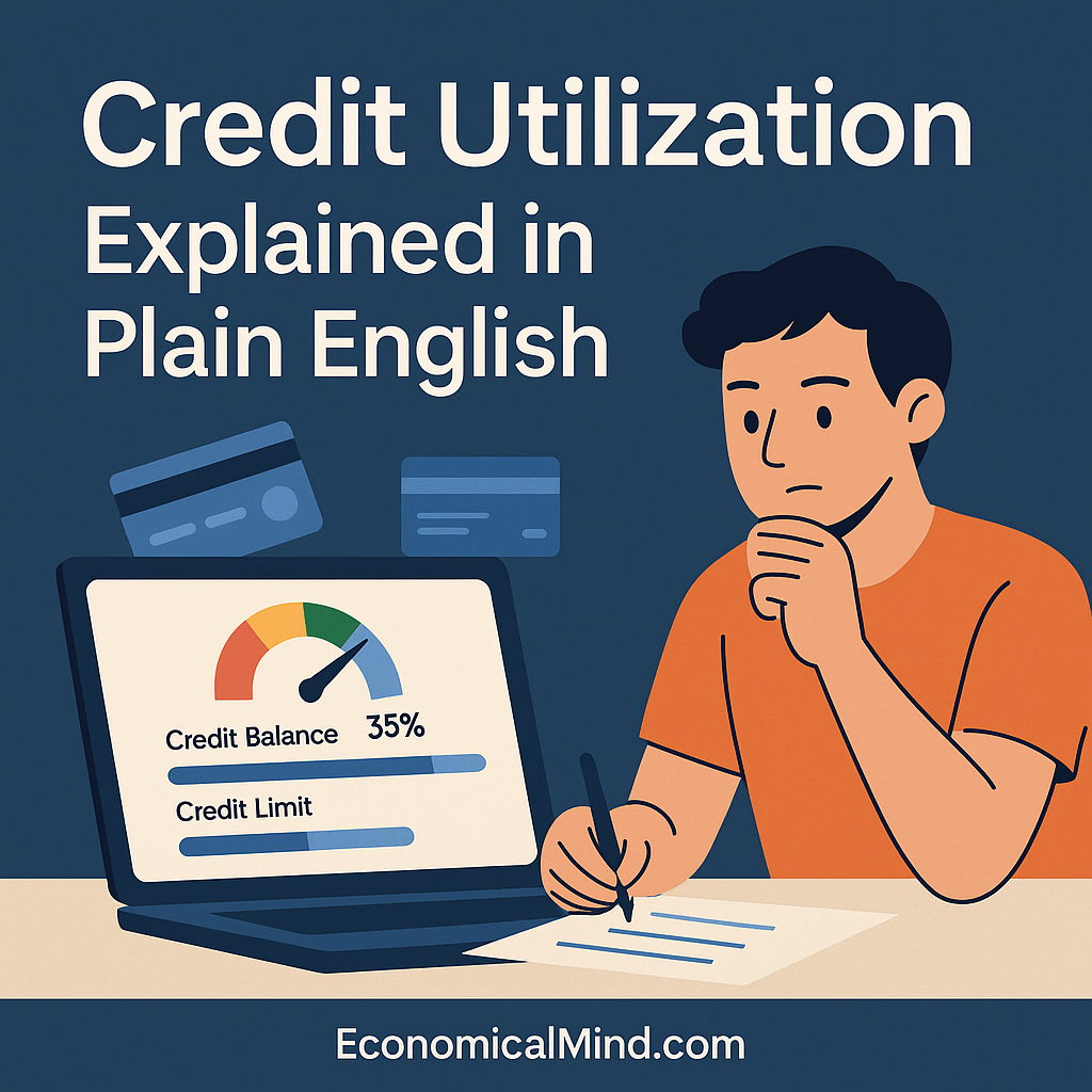 Illustration of a person analyzing credit card balances and credit limits on a digital dashboard.