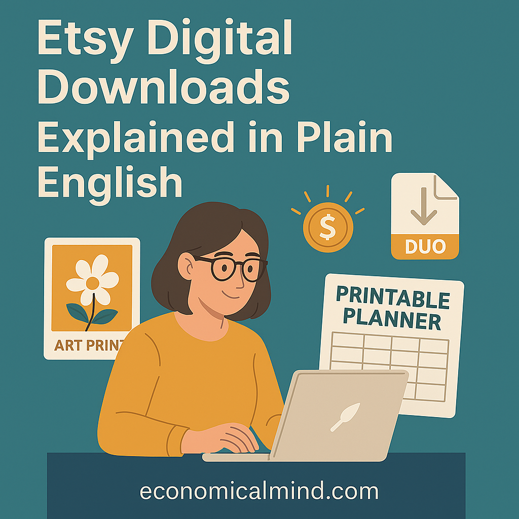 Illustration of a designer creating digital downloads on a laptop surrounded by art prints, planners, and icons of passive income.