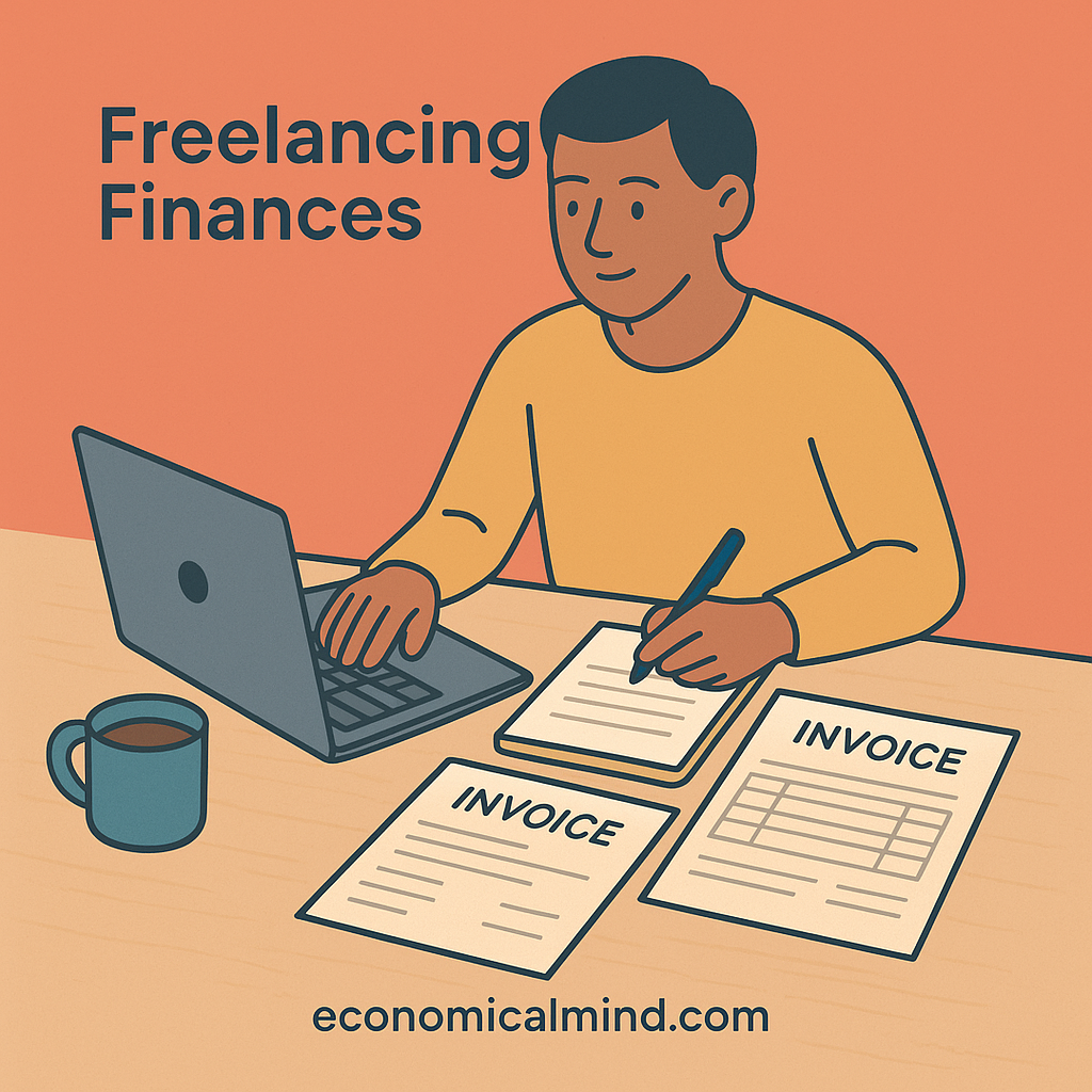 Freelancer budgeting at laptop with invoices and coffee cup on desk.