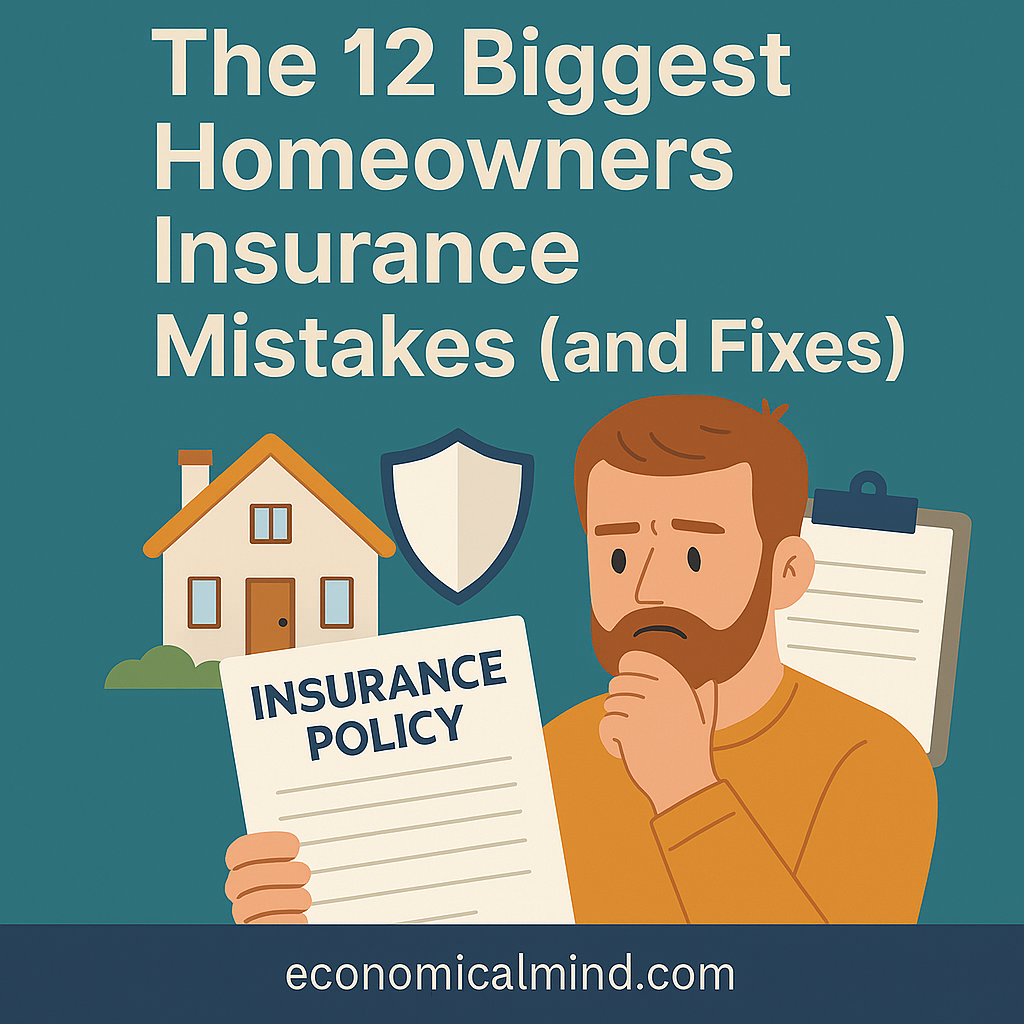 Illustration of a homeowner reviewing an insurance policy with a house, shield, and clipboard in the background.
