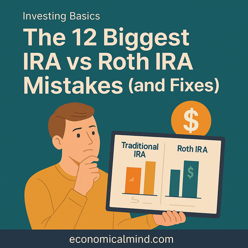 Illustration of an investor comparing a Traditional IRA and Roth IRA chart with money icons and tax documents.
