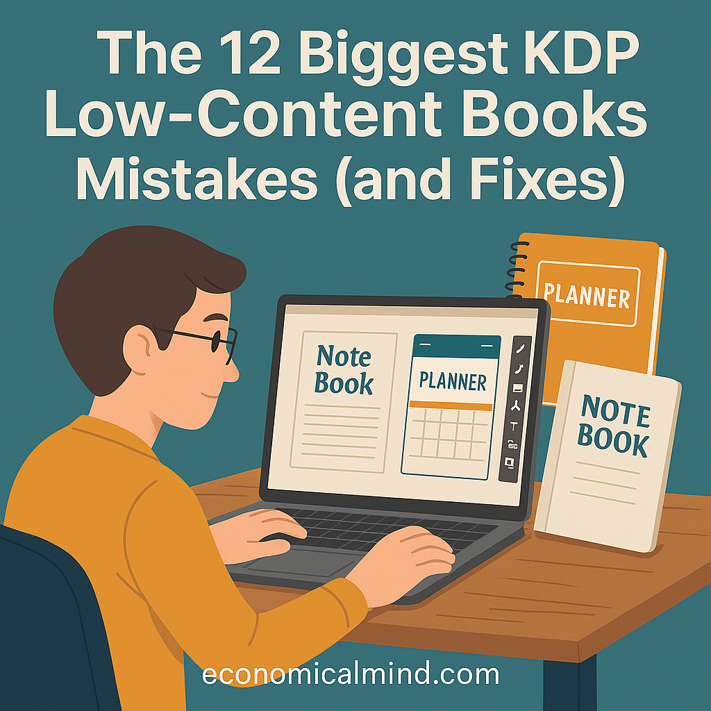 Illustration of a digital designer creating a notebook and planner layout on a laptop for Amazon KDP.