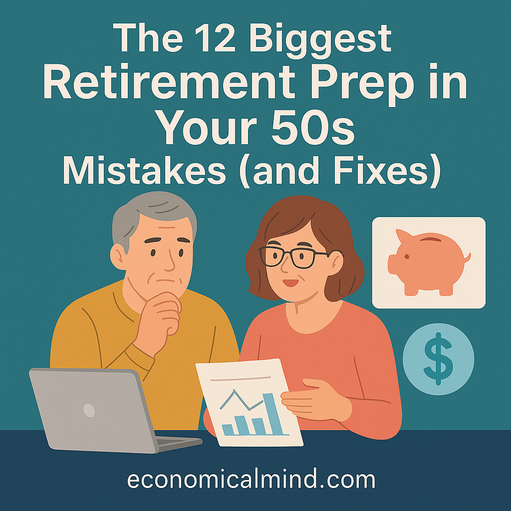 Illustration of a middle-aged couple reviewing retirement plans and finances at a desk with charts and savings icons.