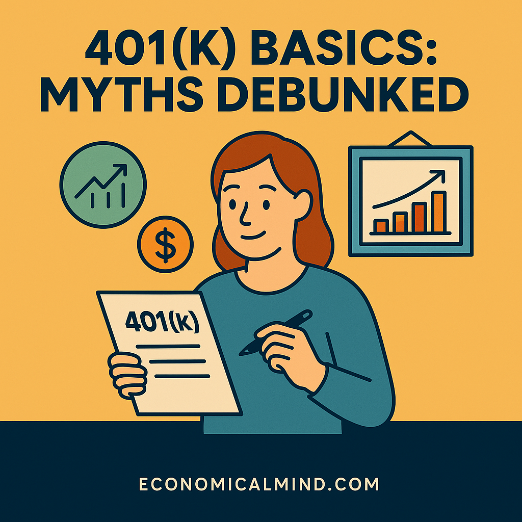 Flat illustration of a person reviewing 401(k) documents with growth charts and dollar icons.