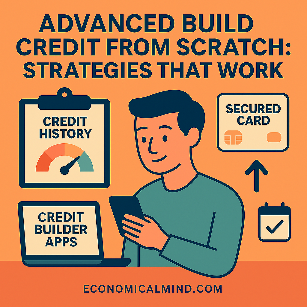 Flat digital illustration of a young adult building credit history using secured cards, credit builder apps, and payment tracking tools.