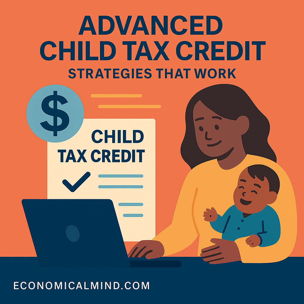 Flat-style illustration of parents sitting at a table with a laptop and tax documents, planning how to make the most of the Child Tax Credit.