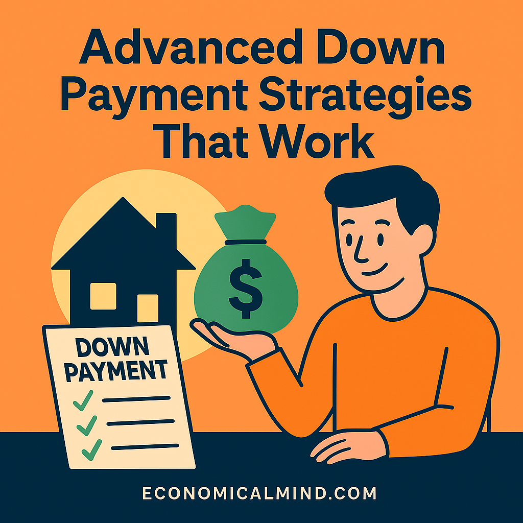 Flat-style digital illustration of a couple planning their down payment with savings jars, home icons, and charts.