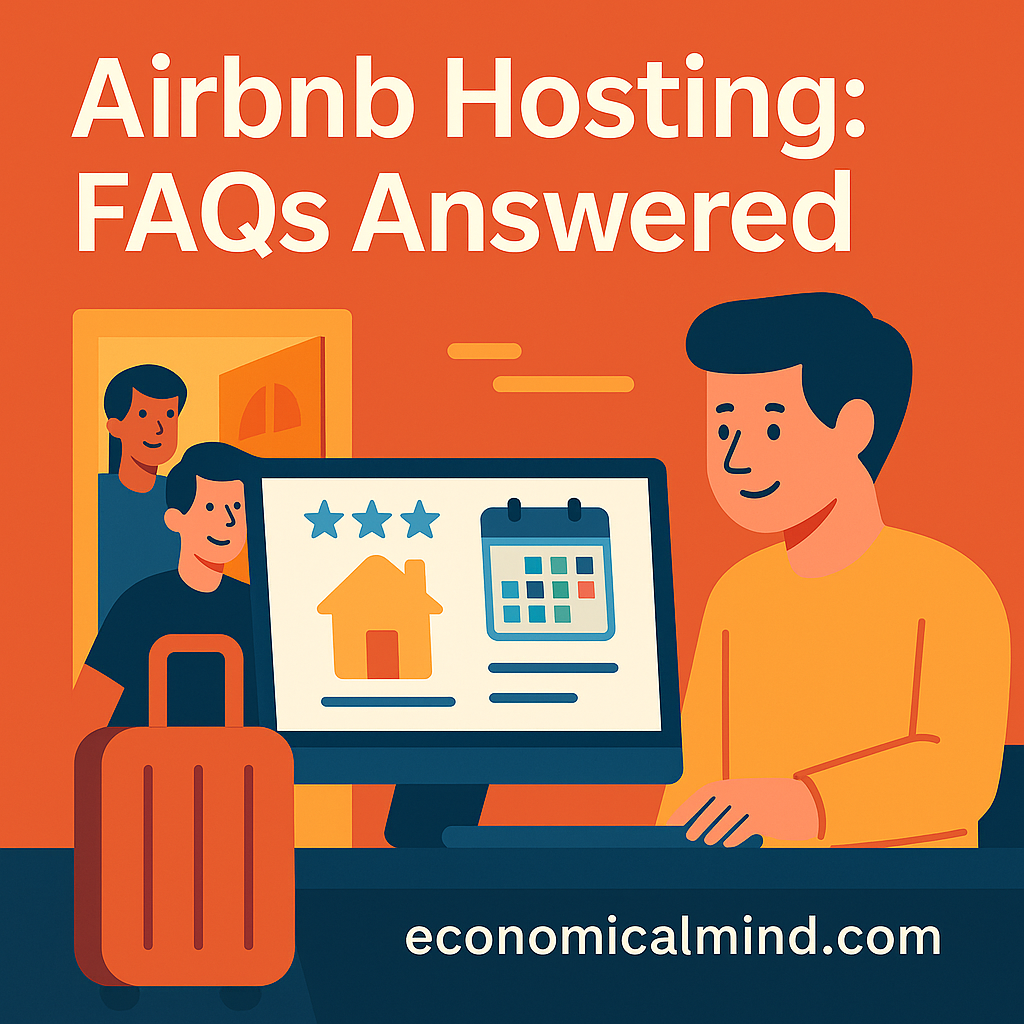 Flat-style digital illustration of an Airbnb host welcoming guests and managing bookings on a laptop.