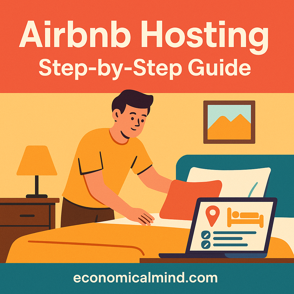 Airbnb host preparing a cozy guestroom and checking bookings on a laptop.