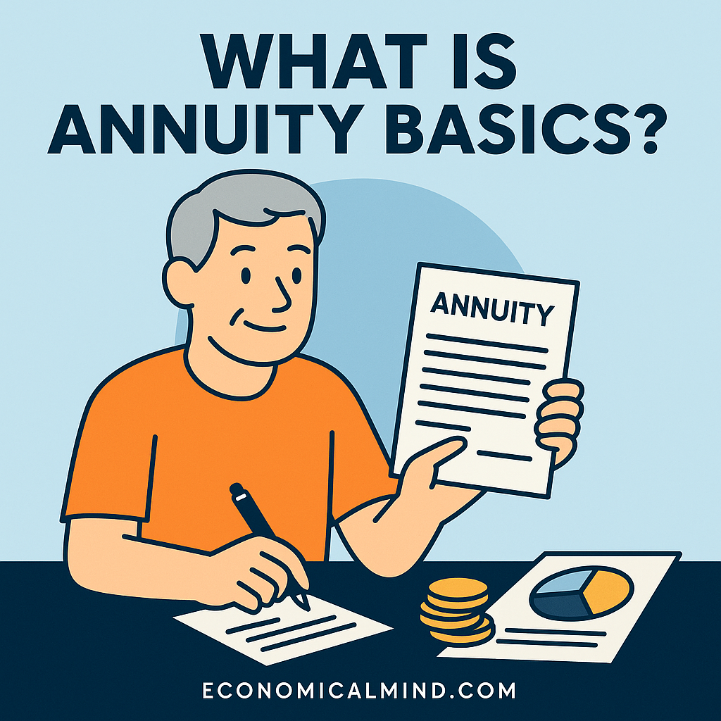 Illustration of a retiree reviewing annuity documents with charts and coins, symbolizing steady retirement income.