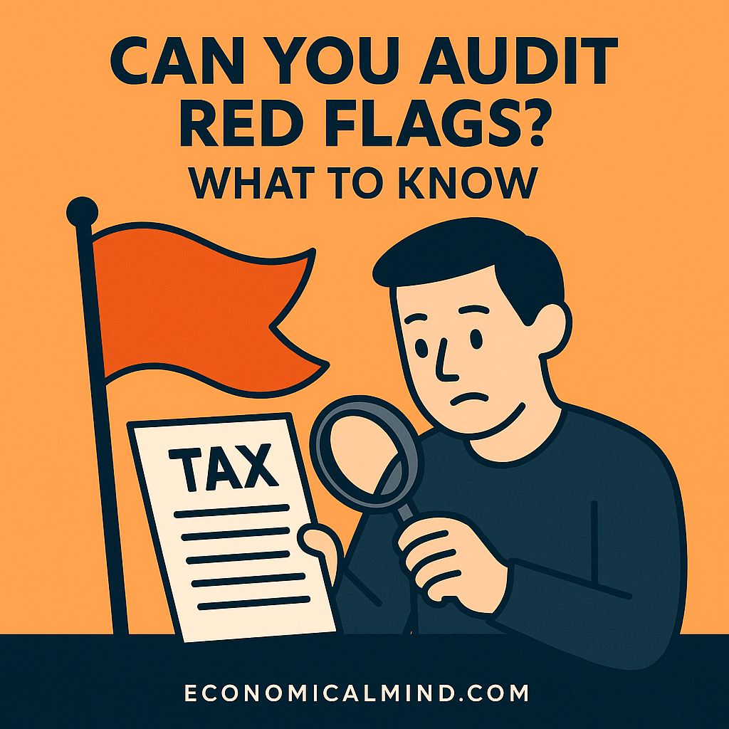 Illustration of a person reviewing tax documents with a magnifying glass, symbolizing awareness of IRS audit red flags.