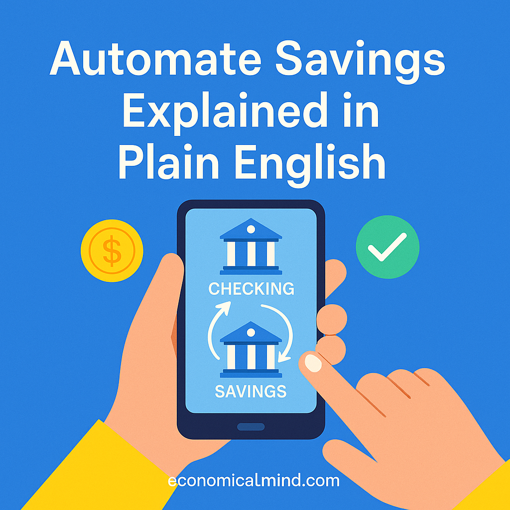 Person automating savings on a smartphone with checking and savings accounts connected.