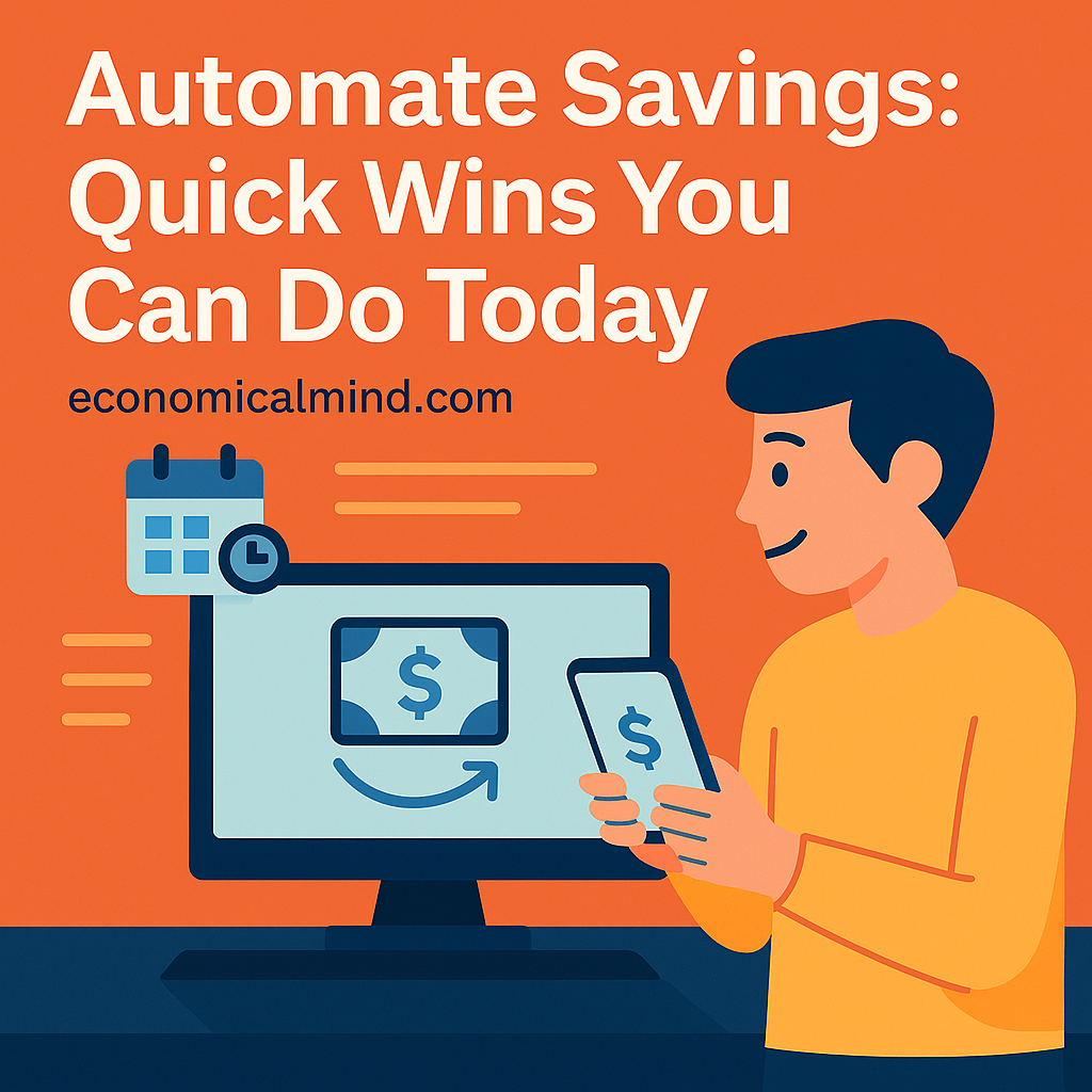 Flat-style digital illustration showing a person using a phone and laptop to set up automated savings transfers.