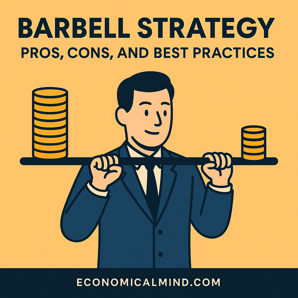 Illustration of an investor balancing a barbell made of coins, representing safe and risky investments.