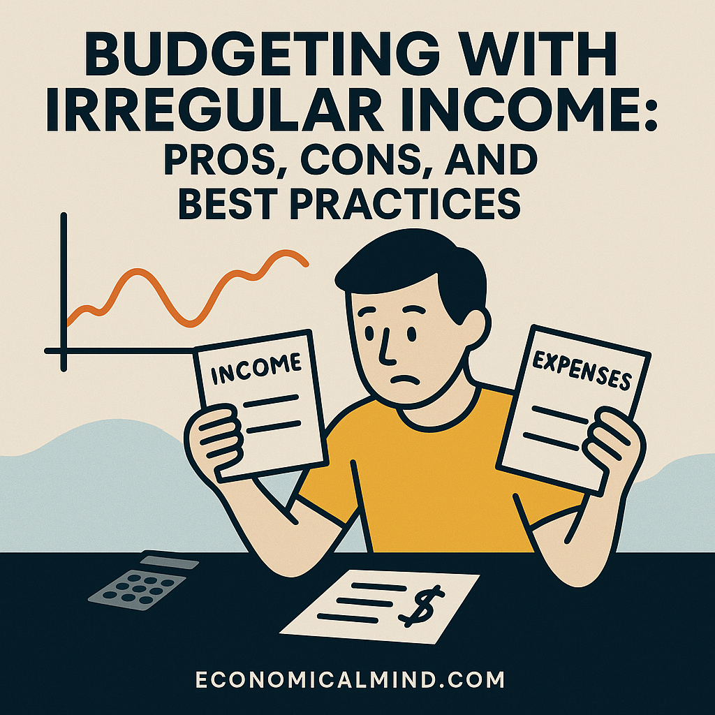 Illustration of a freelancer balancing income and expenses on a fluctuating graph, symbolizing irregular income budgeting.