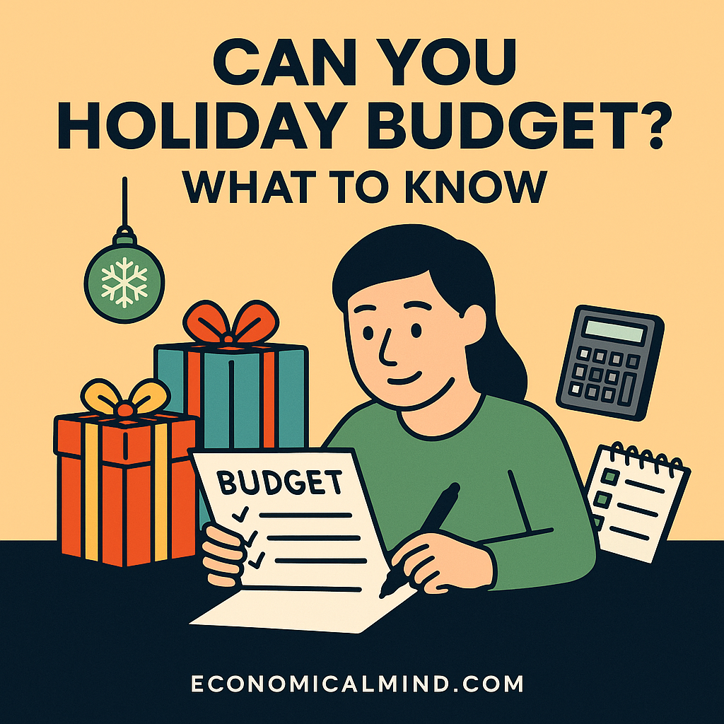 Illustration of a person organizing holiday gifts and a checklist while tracking a budget on paper.
