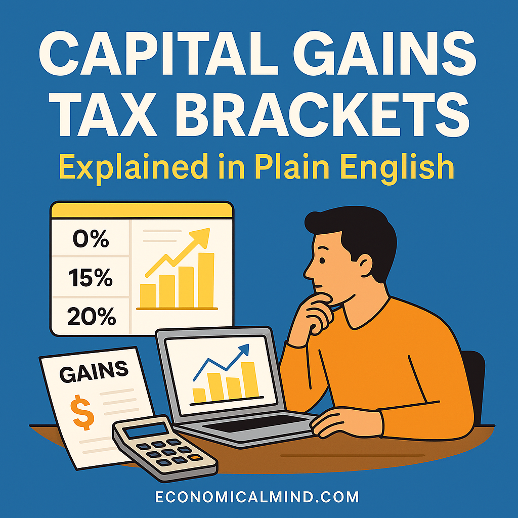 Investor reviewing capital gains tax brackets chart on a laptop with calculator and documents.
