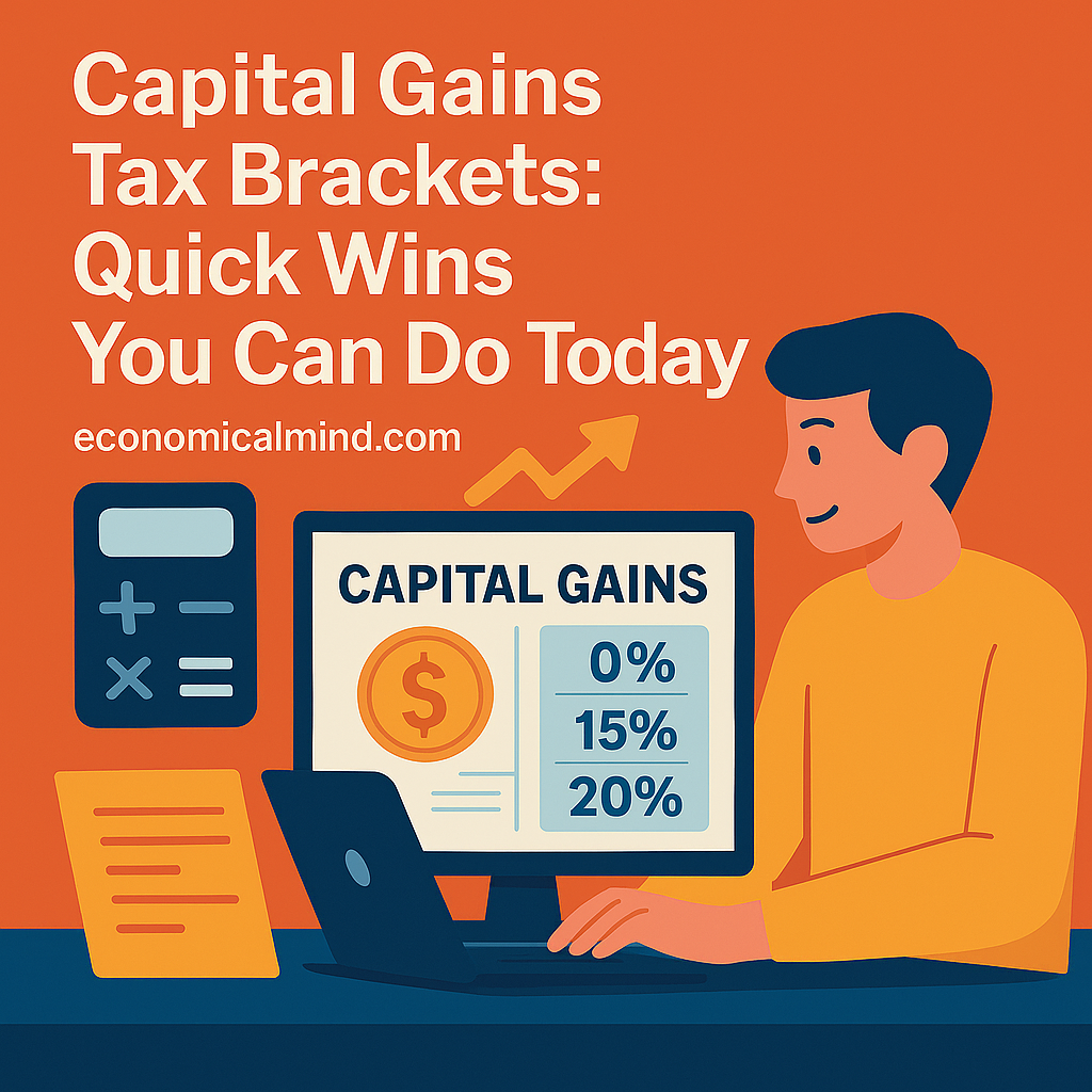 Flat-style digital illustration showing a person calculating investment profits and tax brackets on a laptop.
