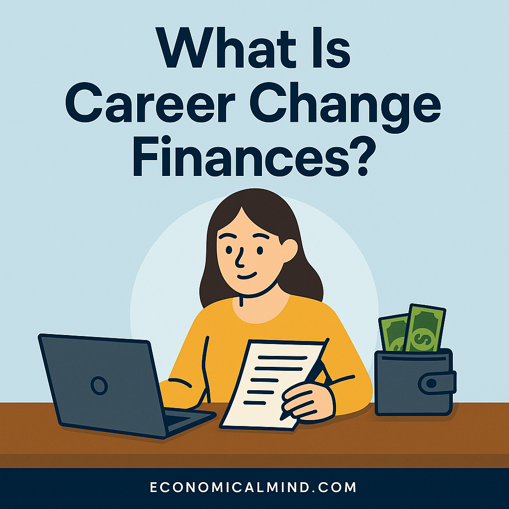 Illustration of a professional reviewing finances while considering a new career path, symbolizing financial planning during transition.
