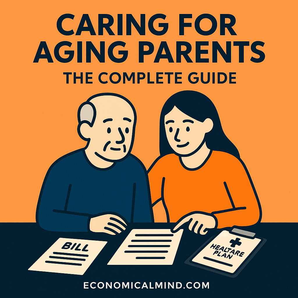 Illustration of an adult child helping an elderly parent review bills and healthcare plans, symbolizing financial caregiving.