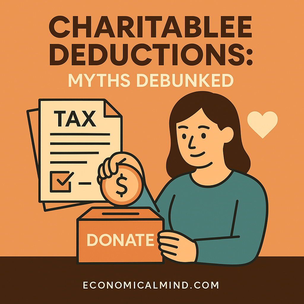 Flat illustration of a person donating money with tax documents and heart icons symbolizing charitable giving.