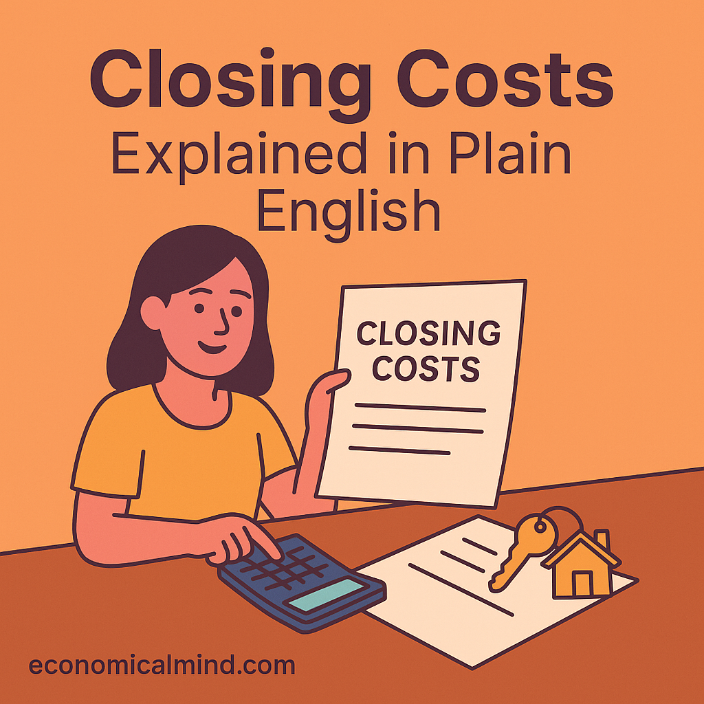 Homebuyer reviewing closing cost documents with calculator and keys on the table.