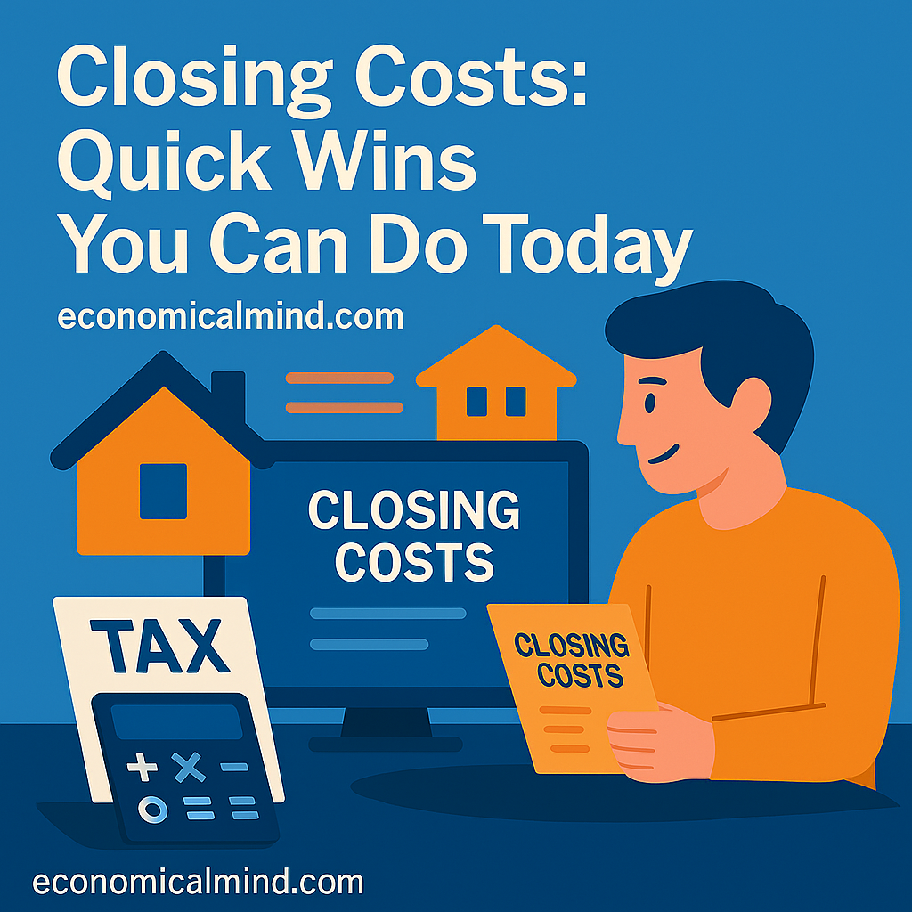 Flat-style digital illustration showing a homebuyer reviewing documents and calculating closing costs.