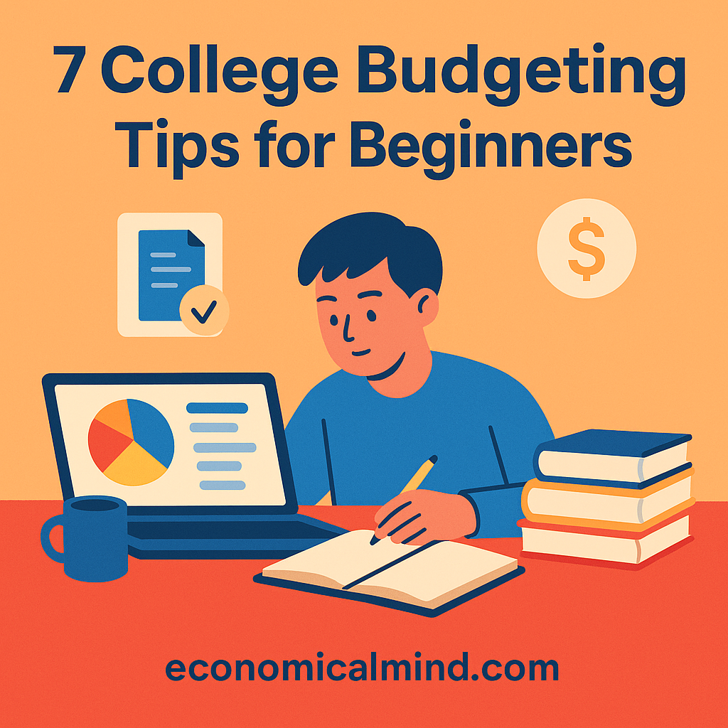 College student managing budget on a laptop with textbooks, coffee, and a notebook nearby.