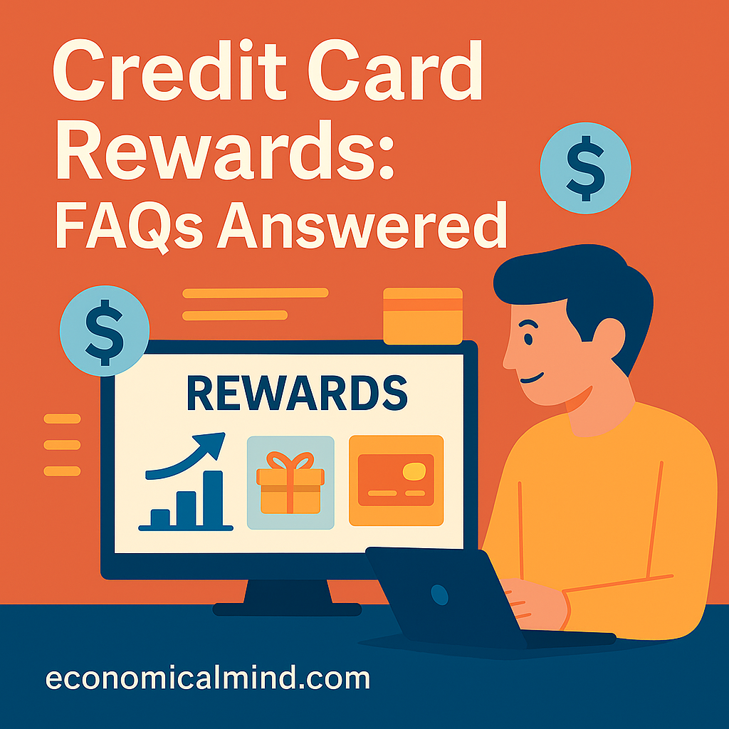 Flat-style digital illustration of a person reviewing credit card reward options on a laptop with dollar icons and gift cards.