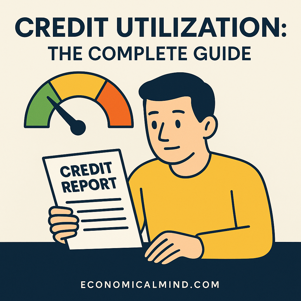 Illustration of a person checking their credit report with a gauge showing credit utilization levels.