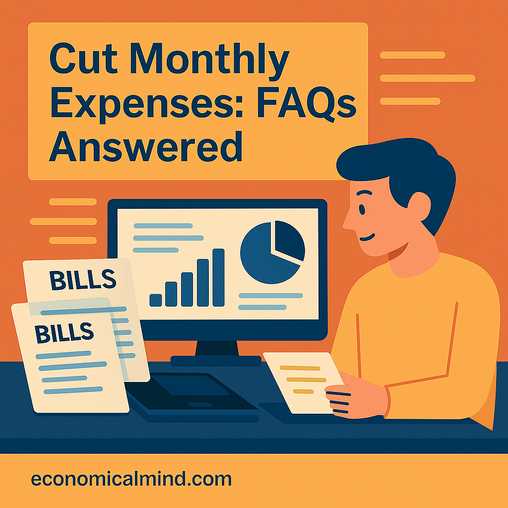 Flat-style digital illustration of a person reviewing bills and budgeting on a laptop to reduce monthly expenses.