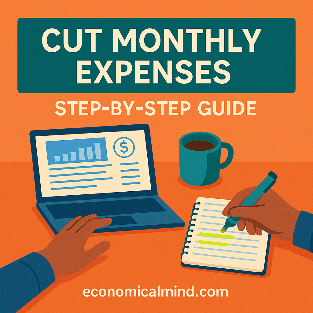 Person reviewing monthly expenses on a laptop while highlighting budget savings in a notebook.