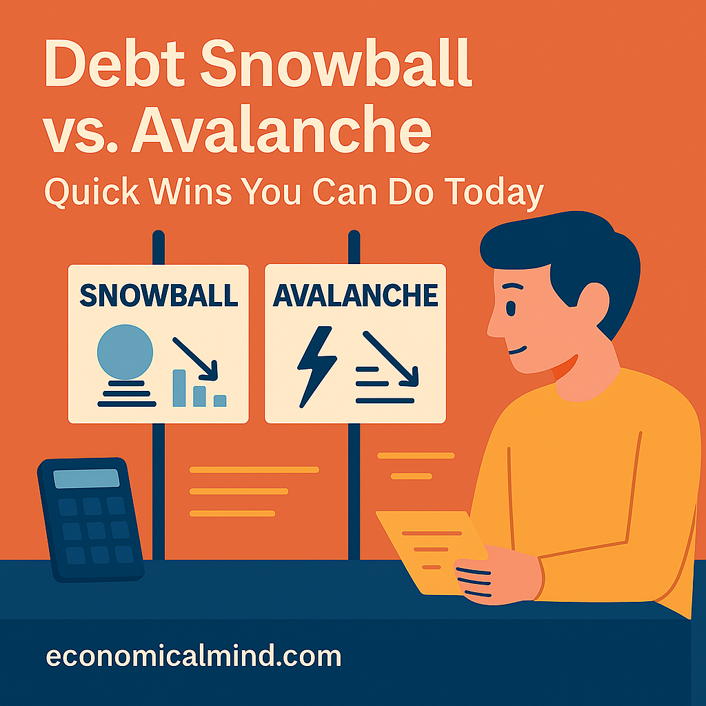 Flat-style digital illustration showing a person comparing snowball and avalanche debt repayment strategies.