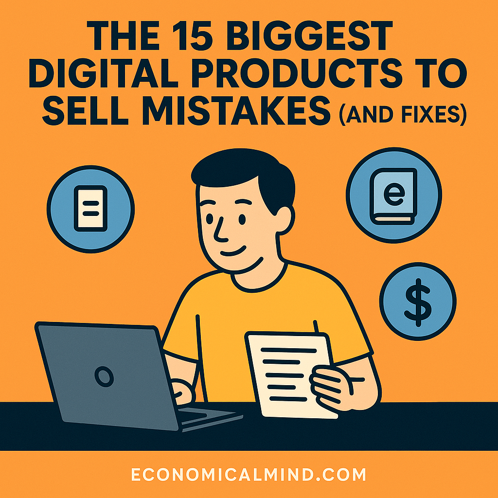 Illustration of a person selling digital products online with icons for eBooks, downloads, and passive income.