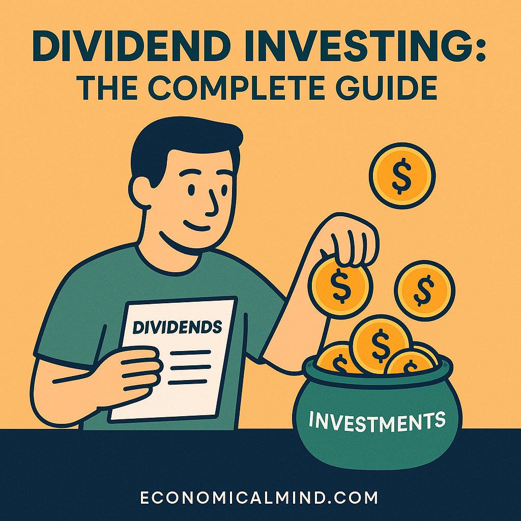 Illustration of an investor collecting dividend payments and reinvesting them, symbolizing passive income and compounding growth.