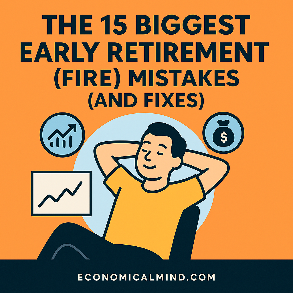 Illustration of a relaxed person planning early retirement with charts and savings icons around them.