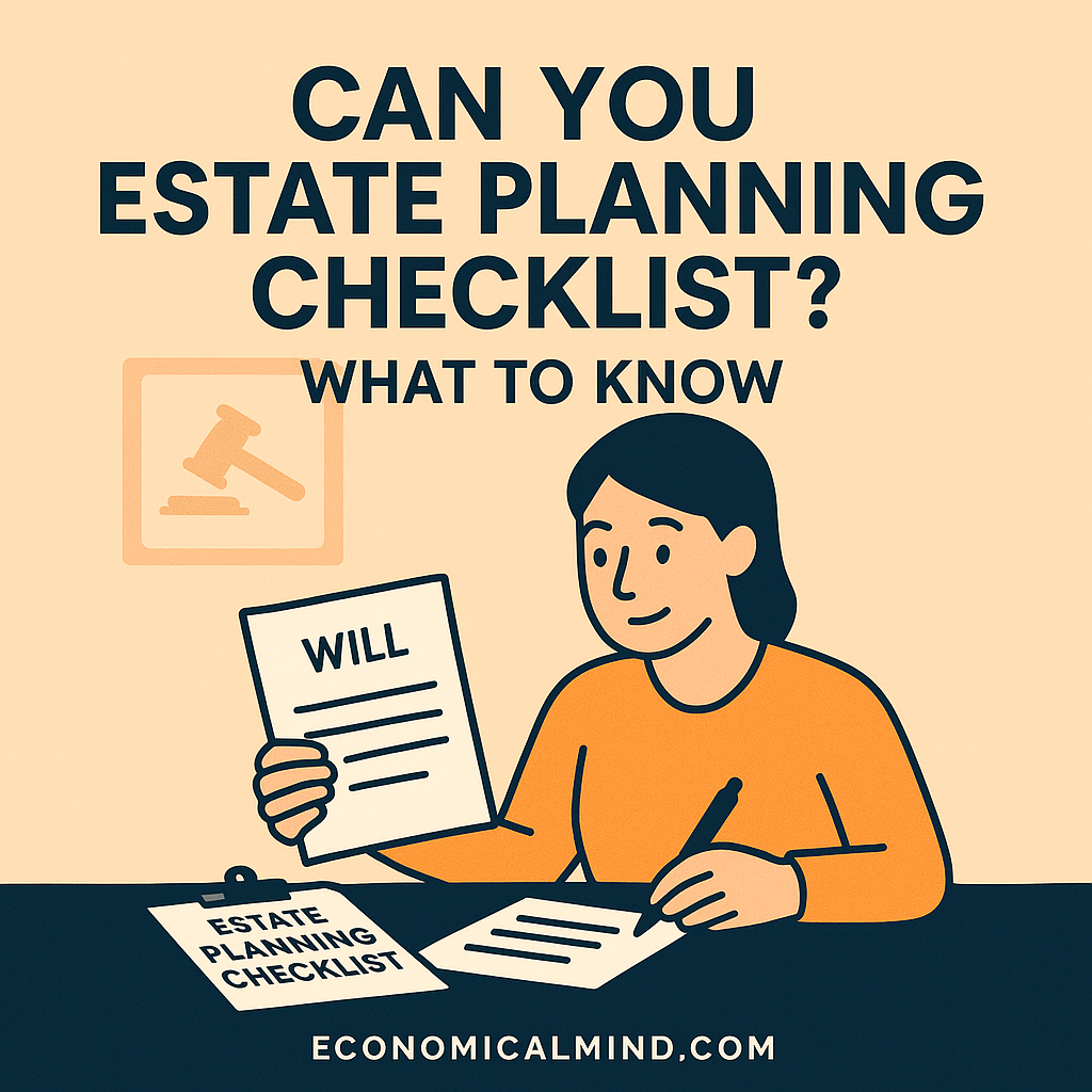 Illustration of a person reviewing legal documents and checklists related to estate planning and wills.