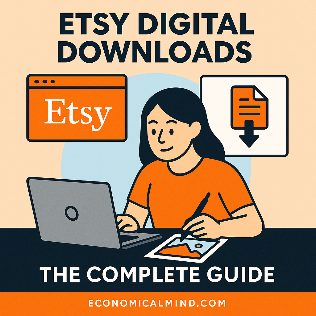 Illustration of a creator designing and uploading digital products to Etsy, symbolizing passive income through digital downloads.